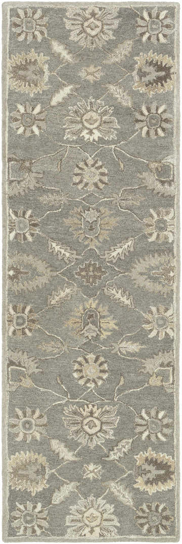 Close-up of the hand-tufted Dulles Area Rug. Floral pattern in shades of taupe, tan, and light beige. Design-Runner-268
