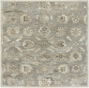 Detailed floral pattern of the hand-tufted wool Dulles Area Rug in charcoal, brown, beige, and taupe. Design-Square-8