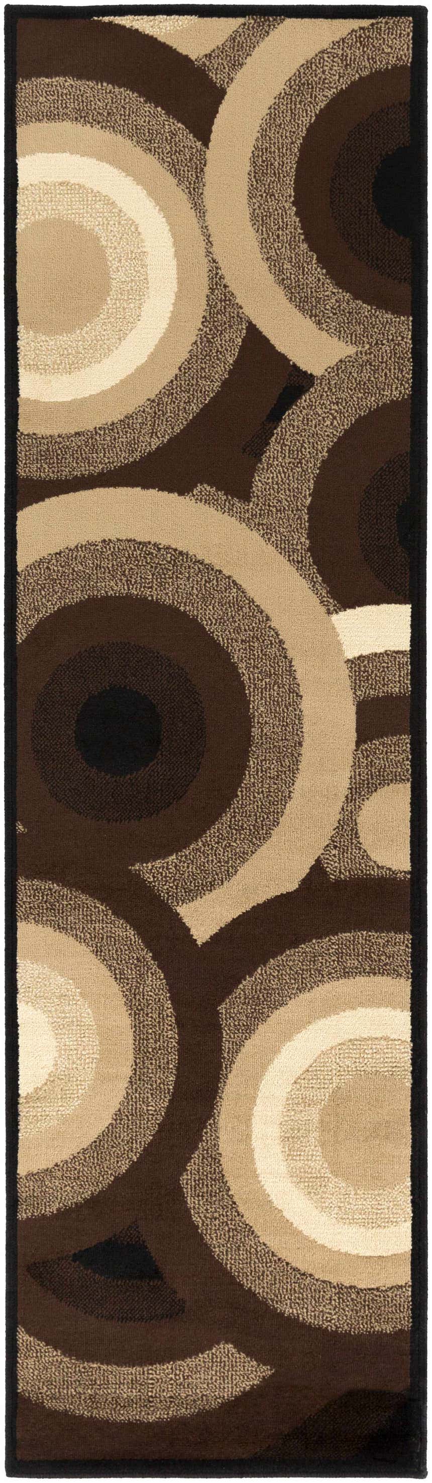Close-up of the Dulzura Area Rug. Contemporary style with black, brown, beige, and tan concentric circles. Polypropylene texture. Design-Runner-2276