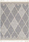 Close-up of the Dumlan Area Carpet, a gray and light gray rug with a diamond pattern and tassels. Design-Rectangle-537