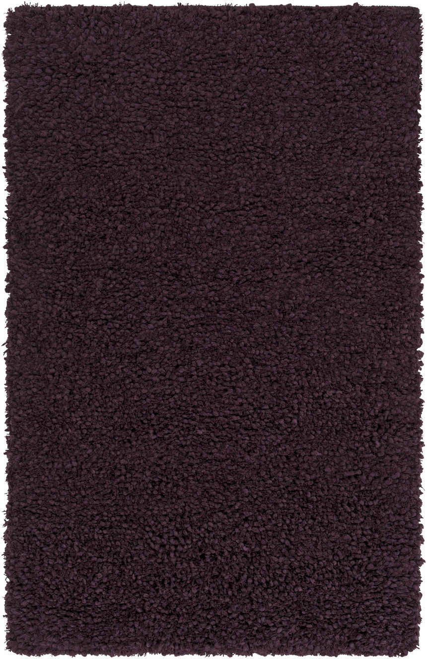 Close-up of the plush, hand-woven Duncanville Area Carpet in plum. Features a thick, textured pile made of 100% wool. Design-Rectangle-58