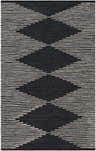 Close-up of the Duncraig Area Carpet. Black leather rug with a light beige horizontal zigzag pattern. Hand woven texture. Design-Rectangle-576