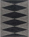 Close-up of the Duncraig Area Carpet. Black leather rug with light beige, Southwestern-inspired geometric pattern. Design-Rectangle-810