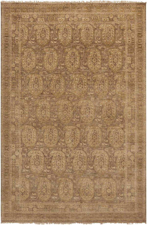 Hand knotted Dundonald Area Rug in dark brown, olive, and tan. Traditional farmhouse style with a rectangular shape. Design-Rectangle-5686