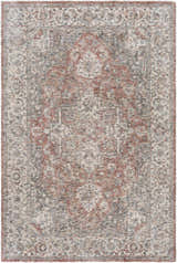 Close-up of the hand-knotted Dunmor Area Rug. Features a traditional Persian design in brick red, charcoal, and cream. Design-Rectangle-576