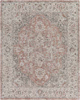 Close-up of the Dunmor Area Rug. Bohemian style rug with brick red, charcoal, and cream Persian-inspired patterns. Design-Rectangle-810