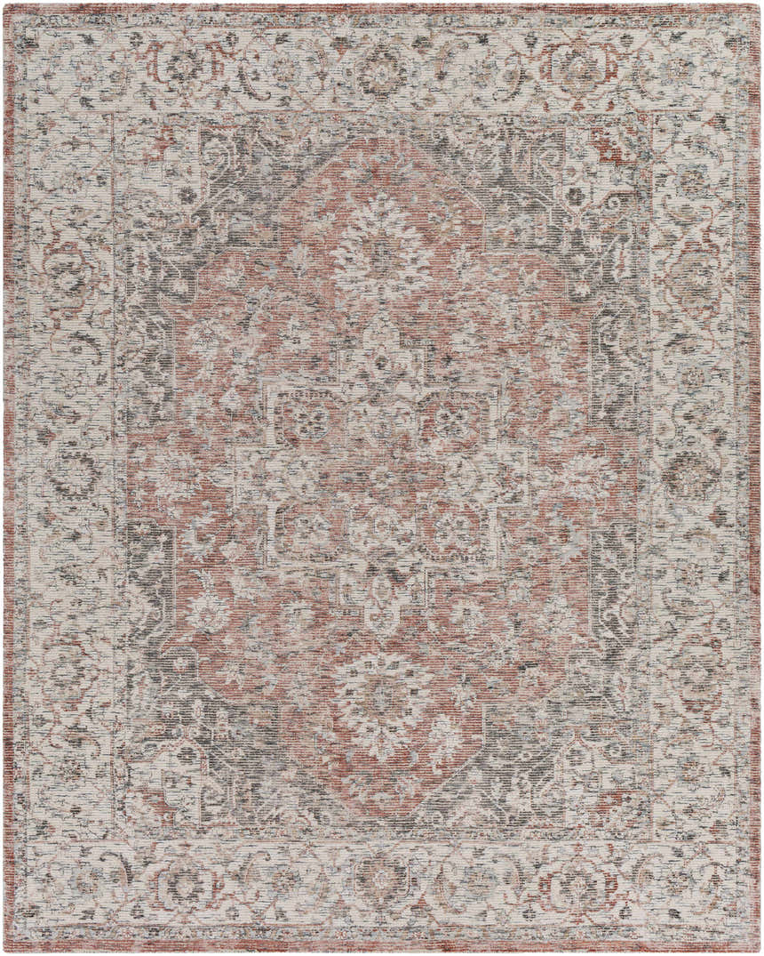 Close-up of the Dunmor Area Rug. Bohemian style rug with brick red, charcoal, and cream Persian-inspired patterns. Design-Rectangle-810