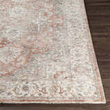 Close-up of the hand-knotted Dunmor Area Rug. Brick red, charcoal, cream, and gray oriental pattern on wool and viscose blend. Front