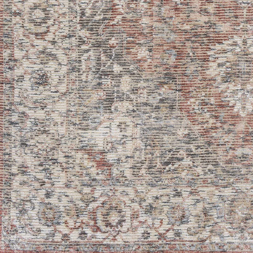 Close-up of the Dunmor Area Rug showing its brick red, charcoal, cream, and beige traditional Persian-style pattern. Swatch