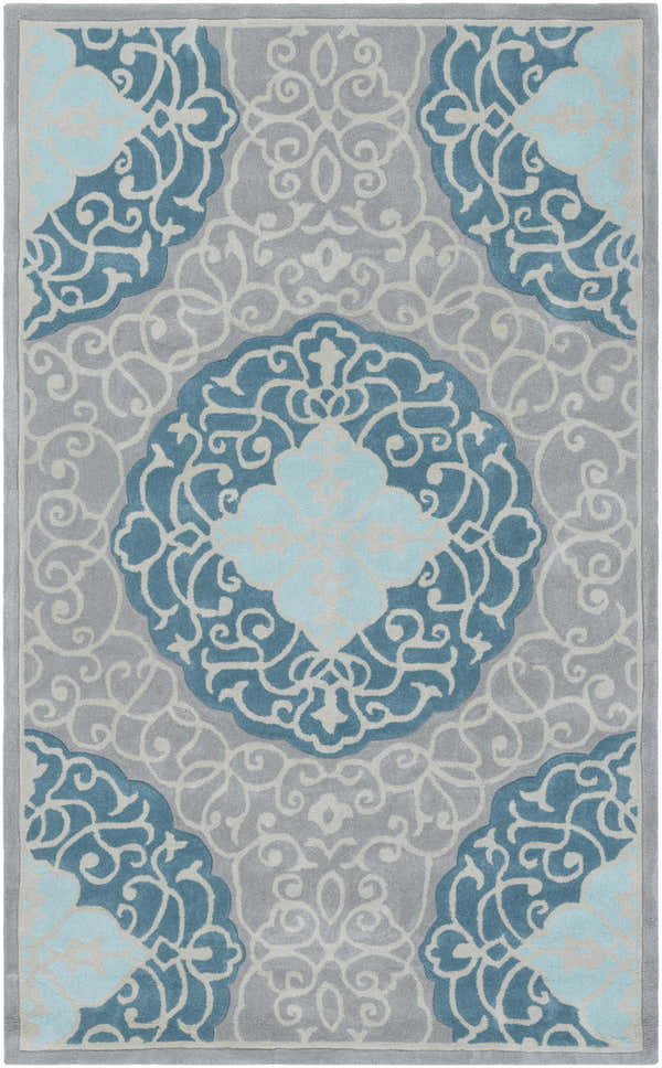 Durand Clearance Rug close-up: Aqua, ivory, and light gray floral medallion pattern on a hand-tufted polyester rug. Design-Rectangle-58