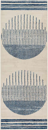 Close-up of the Duri Area Rug. Features a geometric pattern with admiral blue lines and circles on a natural gray background. Design-Runner-2773