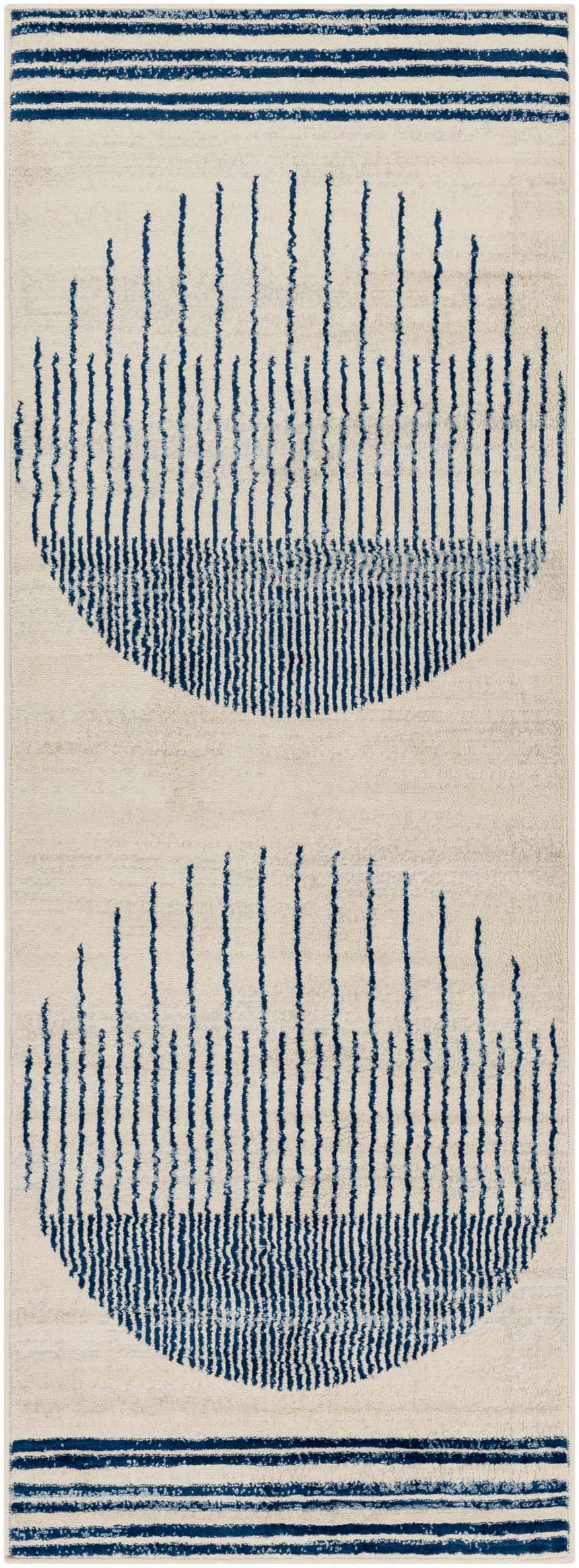 Close-up of the Duri Area Rug. Features a geometric pattern with admiral blue lines and circles on a natural gray background. Design-Runner-2773