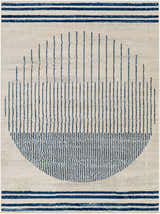 Close-up of the Duri Area Rug. Admiral blue stripes and linear circle on a natural gray background. Contemporary style. Design-Rectangle-537