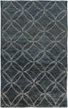 Close-up of the hand-knotted Duson Area Rug. Ice blue, ink blue, and sage wool and jute with a geometric trellis pattern. Design-Rectangle-58