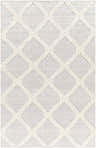 Close-up of the Dusan Area Rug. Arctic stone gray rug with a textured, raised diamond pattern in cloud gray. Hand woven. Design-Rectangle-576