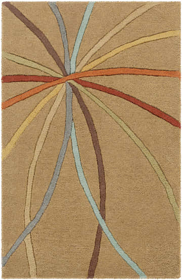 Close-up of the Davison Brown Geometric Modern Wool Rug. Features aqua, red, and brown curved lines on a wheat-colored wool texture. Design-Rectangle