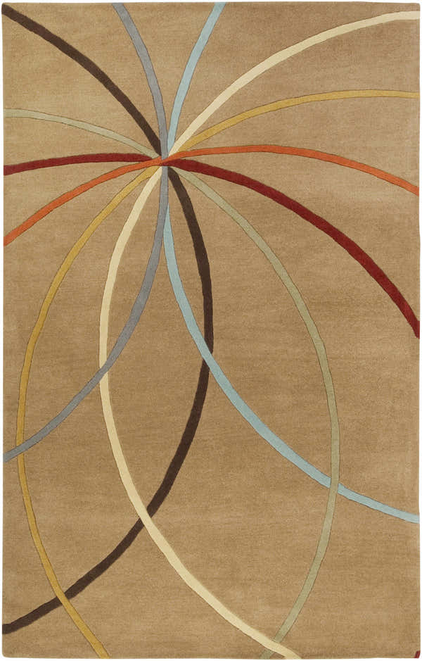 Close-up of the Davison Brown Geometric Modern Wool Rug. Features aqua, red, and brown curved lines on a wheat-colored background. Design-Rectangle-58