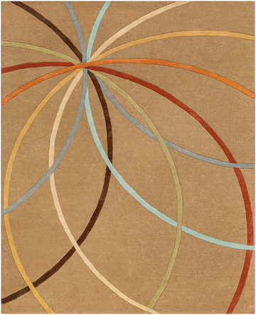 Close-up of the Davison Brown Geometric Modern Wool Rug featuring aqua, red, and brown curved lines on a wheat background. Design-Rectangle-7696