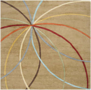 Close-up of the Davison Brown Geometric Modern Wool Rug, featuring aqua, red, and brown swirling lines on a wheat-colored background. Design-Square-8