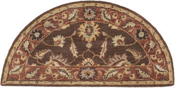 Close-up of the Hearth-shaped Daviston Area Rug. Brown wool rug with brick red, beige, and floral pattern. Design-Hearth