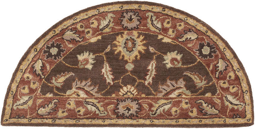 Close-up of the Hearth-shaped Daviston Area Rug. Brown wool rug with brick red, beige, and floral pattern. Design-Hearth