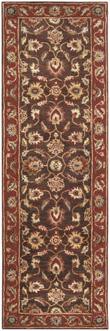 Close-up of the hand-tufted Daviston Area Rug. Features a traditional floral pattern in brown, beige, and brick red tones. Design-Runner-268