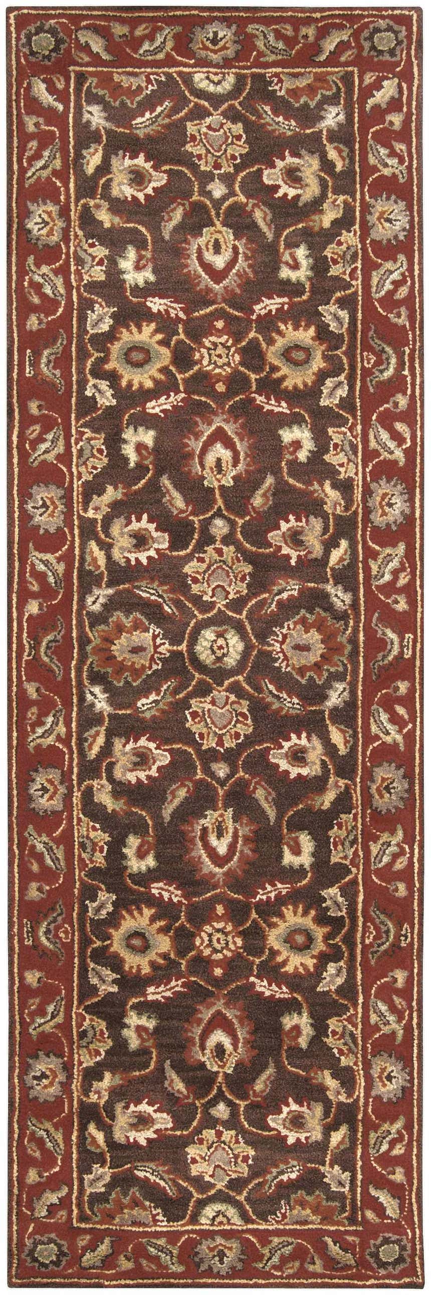 Close-up of the hand-tufted Daviston Area Rug. Features a traditional floral pattern in brown, beige, and brick red tones. Design-Runner-268