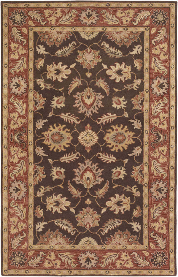 Close-up of the Daviston Area Rug. Hand-tufted wool rug in dark brown with beige, brick red, and burnt orange floral pattern. Design-Rectangle-58