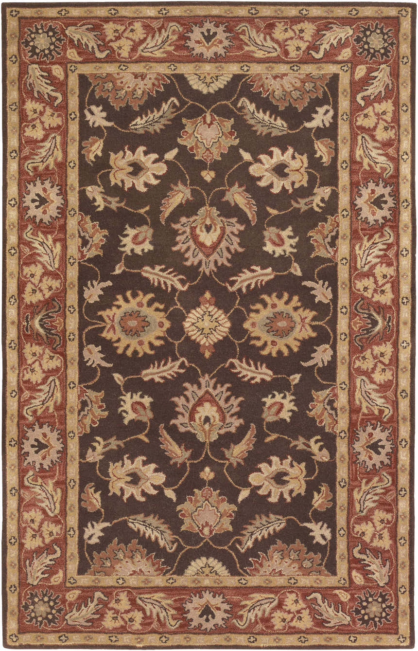 Close-up of the Daviston Area Rug. Hand-tufted wool rug in dark brown with beige, brick red, and burnt orange floral pattern. Design-Rectangle-58