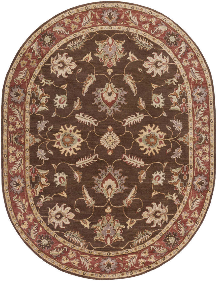 Close-up of an oval Daviston Area Rug. The rug is brown with a brick red and beige floral pattern. Design-Oval-810