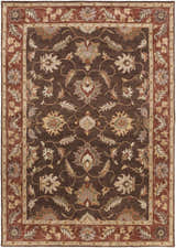 Close-up of the hand-tufted Daviston Area Rug. Bohemian style with floral design in brown, beige, and brick red tones. Design-Rectangle-811