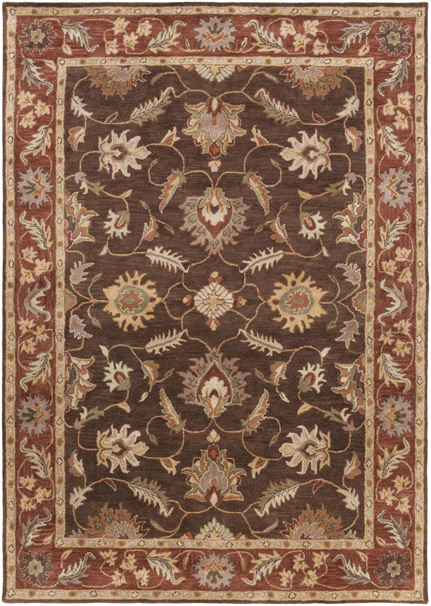 Close-up of the hand-tufted Daviston Area Rug. Bohemian style with floral design in brown, beige, and brick red tones. Design-Rectangle-811
