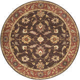 Close-up of the round Daviston Area Rug. The rug has a traditional floral pattern in brown, brick red, and sage. Design-Round-8
