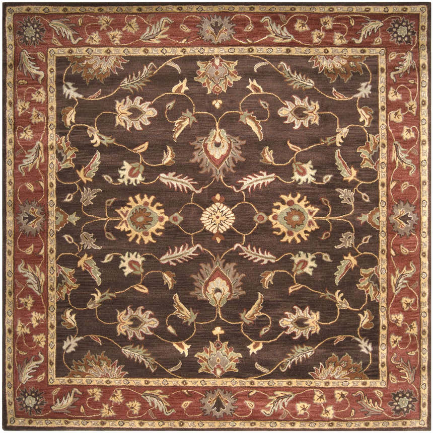 Close-up of the hand-tufted Daviston Area Rug. Features a traditional floral pattern in beige, brick red, and brown hues. Design-Square-8
