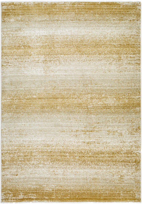 Close-up of Uzima Sage & Gold Area Rug, featuring a contemporary design with horizontal stripes in mustard, taupe, and gray. Design-Rectangle-5377