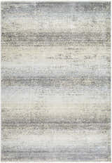 Close-up of the Uzima Gray Area Rug showing a contemporary, horizontal striped pattern in light slate, medium gray, and white. Design-Rectangle-5377