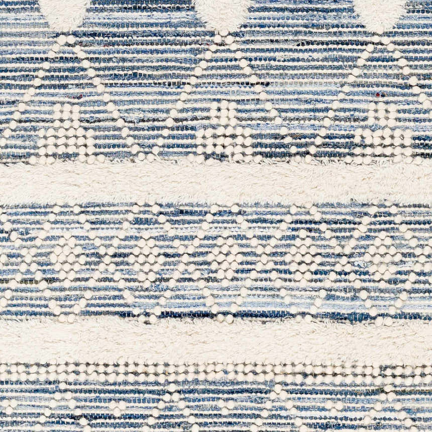 Close-up of the Eben Area Carpet showing a hand-woven blue and off-white geometric pattern and textured details. Swatch