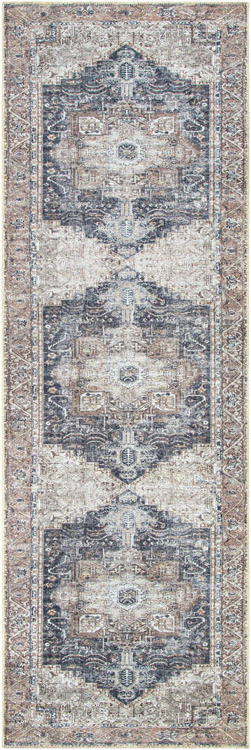 Detailed Beige Rosman Washable Area Rug with traditional oriental design in dark blue, light brown, and navy hues. Design-Runner-2710