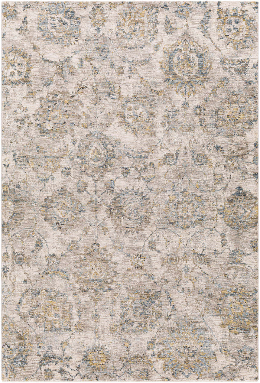 Detailed view of the Morinville Teal Floral Rug, showcasing its traditional floral pattern and colors like teal, tan, and mustard. Design-Rectangle-575