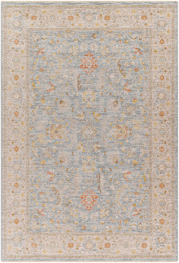 Detailed view of the Edie Taupe Thick Luxe Oushak Rug, featuring amber, dusty pink, and light olive floral patterns. Design-Rectangle