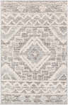 Close-up of Edithvale rug. Beige, charcoal, and cream bohemian pattern with a soft, textured, machine-woven pile. Design-Rectangle-23