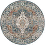 Close-up of round Edremit Area Rug. Oriental design in cream, dark blue, dusty pink, and medium brown tones. Design-Round