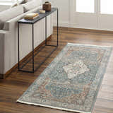 Entryway with a cream sofa and blue Edremit Area Rug runner on wood floors. Roomscene-Runner