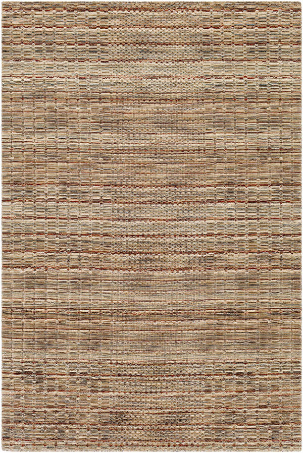 Close-up of the Edwardsport Carpet. Hand-knotted wool rug in beige, cream, tan, and light gray with a farmhouse style. Design-Rectangle-576