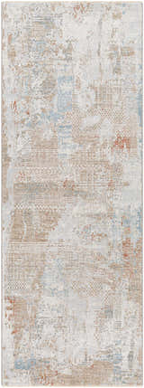 Close-up of the Efren Thick Luxe Area Rug. Contemporary design in dark beige, dusty sage, and light gray. Design-Runner-2773