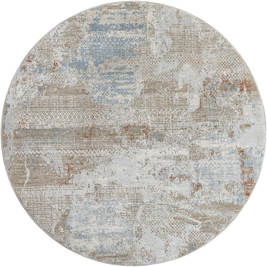 Close-up of round Efren Thick Luxe Area Rug. Features beige, gray, and dusty sage distressed contemporary pattern. Design-Round-53