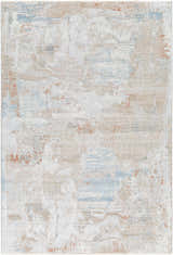 Close-up of the Efren Thick Luxe Area Rug, a contemporary rug in dark beige, dusty sage, gray, and light gray tones. Design-Rectangle-575