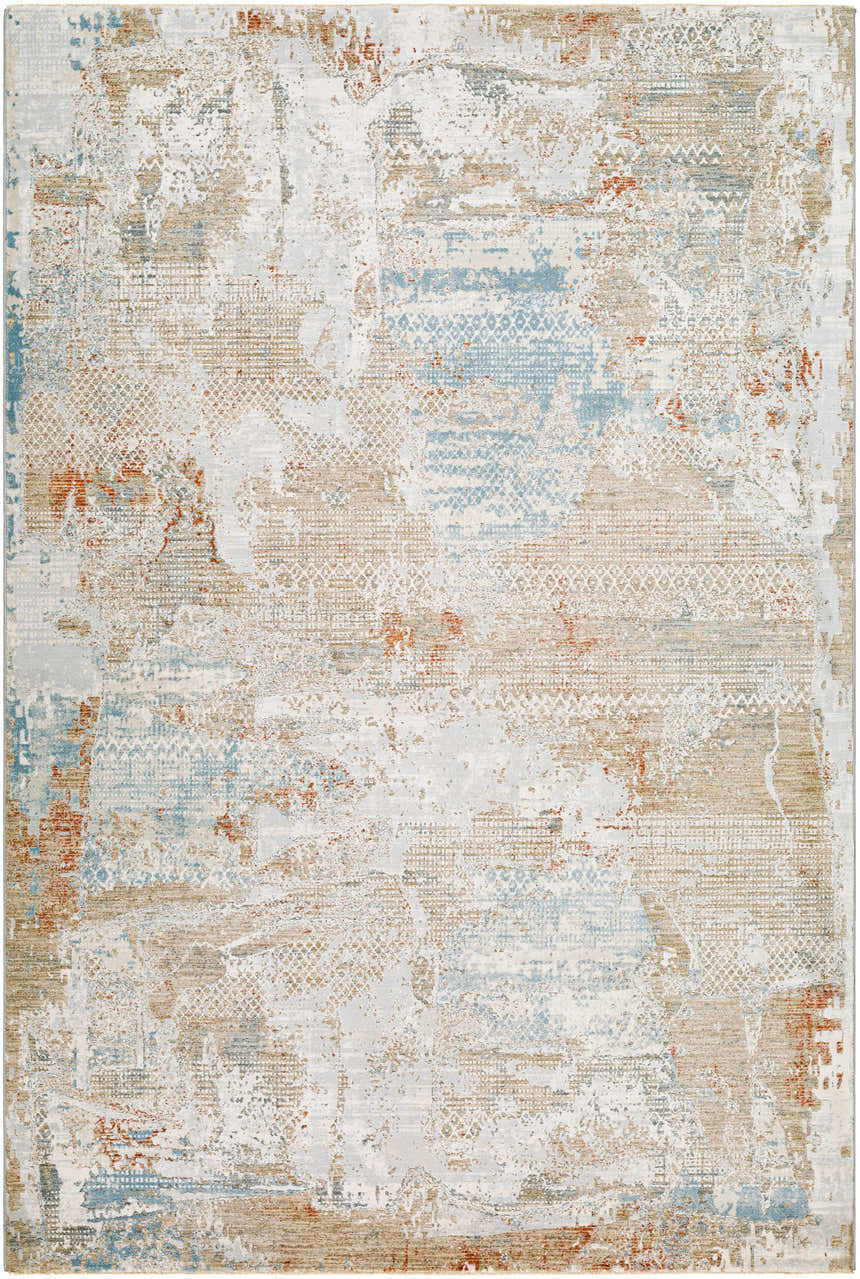 Close-up of the Efren Thick Luxe Area Rug in dark beige, dusty sage, gray, and brown tones with a contemporary design. Design-Rectangle-7696