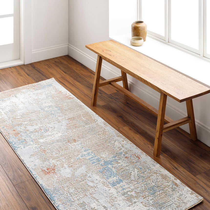 Entryway with Efren Thick Luxe Area Rug runner in dark beige, dusty sage, and gray. Wooden bench by a window. Roomscene-Runner