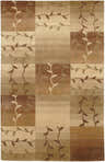 Close-up of the Egham Area Carpet. Beige, camel, and brown squares with a vine and leaf pattern. Hand-knotted wool rug. Design-Rectangle-58